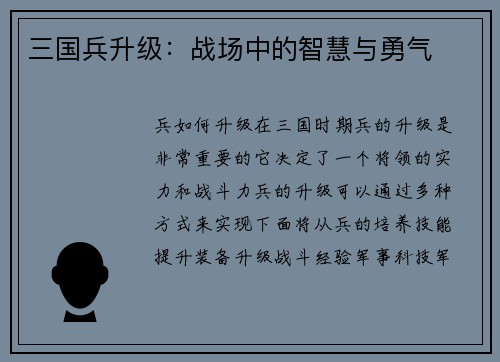 三国兵升级：战场中的智慧与勇气